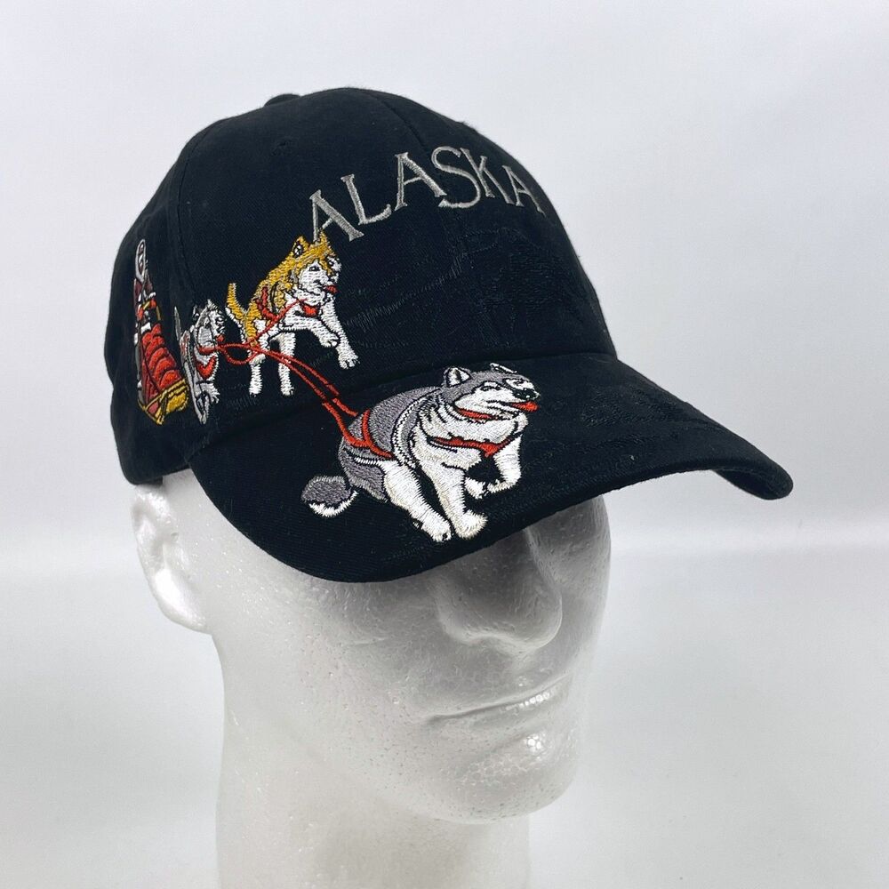 ALASKA Embroidered Husky Sled Dog Team Black Ball Hat Cap Adjustable Iditarod